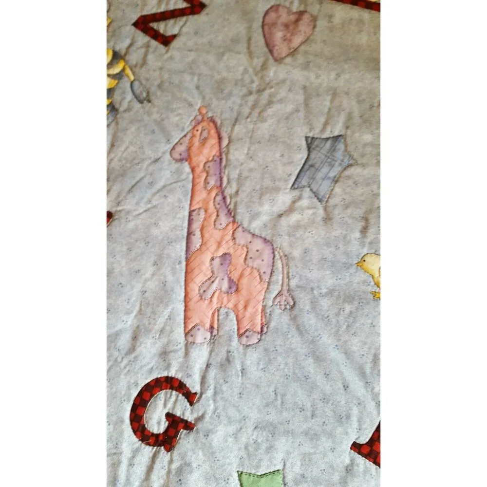 Baby Quilt Throw Crib Alphabet Zoo Animals Blue Pink Bear Lion Rabbit Stitched 3